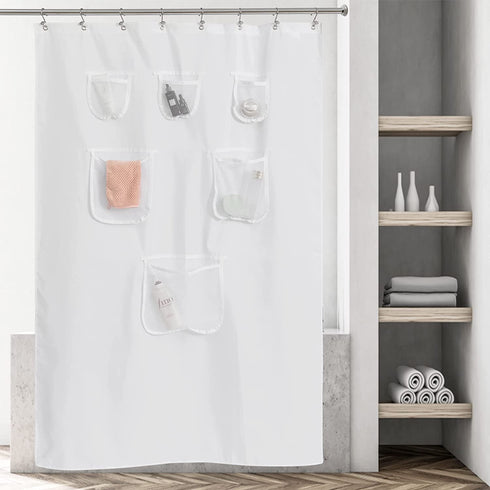 RV Shower Curtain 64 inches Length with 6 Mesh Pockets for Camper Storage,Water Repellent, Odorless and Rust Proof Grommets,White, 47x64
