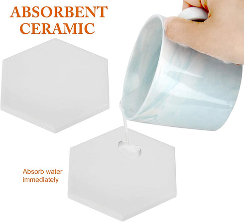 Ceramic Tiles for Crafts Coasters,14 Pack 4-Inches Unglazed Ceramic Coasters for Drinks with Cork Backing Pads,Use with Alcohol Ink or Acrylic Pouring Make Your Own DIY Coasters (Hexagon)