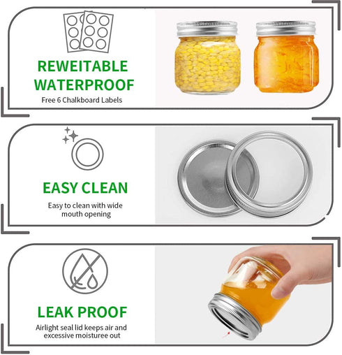 Regular-Mouth Mason Jars 8 oz 6 Pack, Glass Canning Jars with Metal Airtight Lids with Label Paper and a Pen, the Best Choice for Food Storage