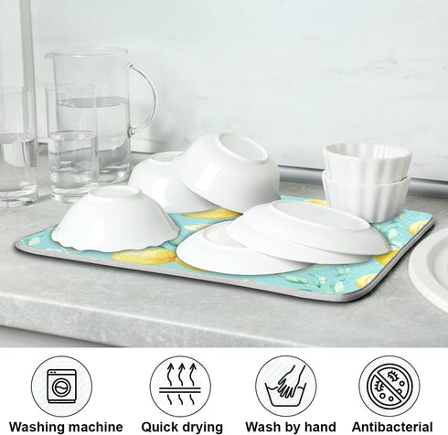 Absorbent Dish Drying Mat for Kitchen Counter - Yellow lemon teal background Microfiber Drying Pad, Reversible Drainer Mats for Countertop, Large 16 x 18 inch