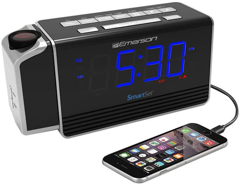Emerson SmartSet Projection Alarm Clock Radio with USB Charging for Iphone/Ipad/Ipod/Android and Tablets, Digital FM Radio, 1.4" Blue LED Display, 4 level Dimmer, ER100103