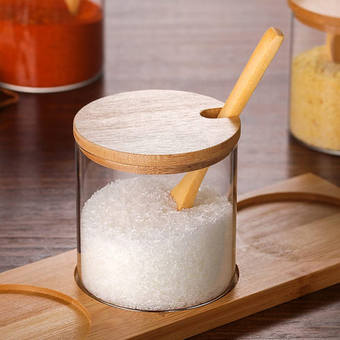 Hniuyun Condiment Container Seasoning Box Set, Glass Condiment Canisters Pots, Salt Sugar Spice Coffee Jar with Bamboo Wooden Spoon Lid and Base, Set of 3
