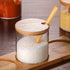 Hniuyun Condiment Container Seasoning Box Set, Glass Condiment Canisters Pots, Salt Sugar Spice Coffee Jar with Bamboo Wooden Spoon Lid and Base, Set of 3