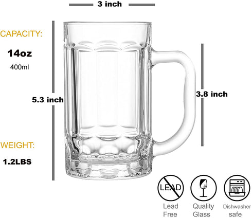 COKTIK 6 Pack Heavy Large Beer Glasses with Handle - 14 Ounce Glass Steins, Classic Beer Mug glasses Set