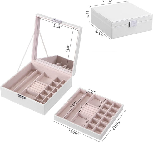 BEWISHOME Jewelry Organizer Box Jewelry Boxes for Women Girls 2 Layers Jewelry Storage Case with Large Mirror for Earring Ring Necklace Bracelet Faux Leather White SSH01W