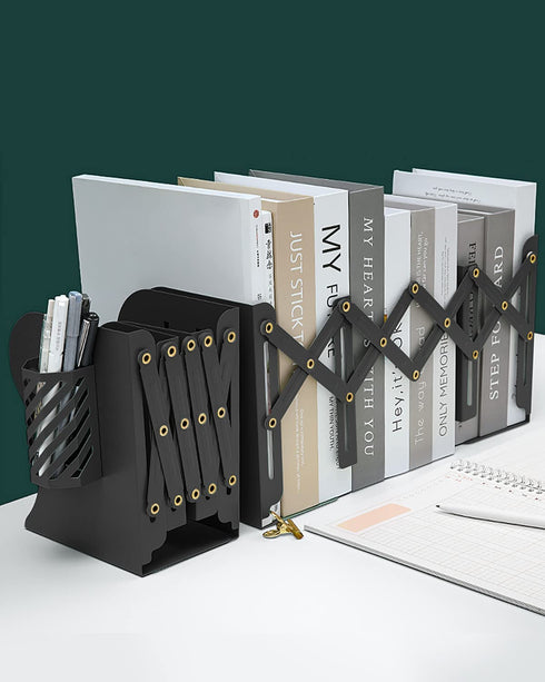 MSDADA Adjustable Bookends, Book Ends for Heavy Books, Expandable Book Organizer with Pen Holder for Desk, Shelf, Office, for 6 7 8 9-15 Boys and Girls, Extends up to 19 inches (Black)