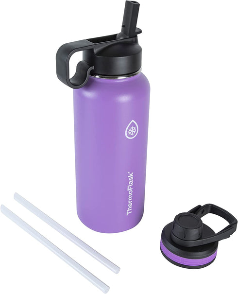 Thermoflask Double Stainless Steel Insulated Water Bottle with Two Lids, 32 Ounce, Plum