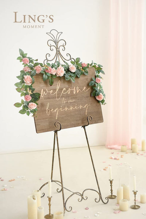 Ling's moment Handcrafted Artificial Blush Pink Rose Flower Garland 5ft Greenery Garland for Wedding Centerpieces Ceremony Sign Aisle Arch Backdrop Reception Table Decorations