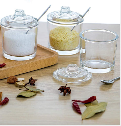 123Arts Glass Sugar Bowl Spice Jar Seasoning Pots with Lid Spoon