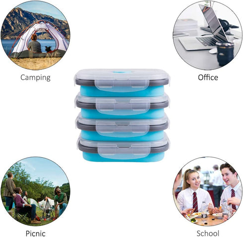 Collapsible Food Storage Containers with Airtight Lid and Vent Valve, Stacking Silicone Collapsible Storage Containers for Food, Microwave & Freezer & Dishwasher Safe, Blue, Small, Set of 4