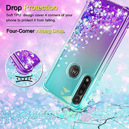Gritup Moto G Power Case, Motorola G Power Phone Case with HD Screen Protector for Girls Women, Cute Clear Gradient Glitter Liquid TPU Slim Phone Case for Motorola Moto G Power Teal/Purple