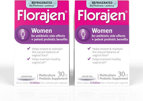 Florajen Refrigerated Probiotics for Women, Multi Enzyme Probiotic, Supports Vaginal Balance, Relieves Gas, Bloating, & Constipation, 15 Billion CFUs, 30 Ct, 2 Pack