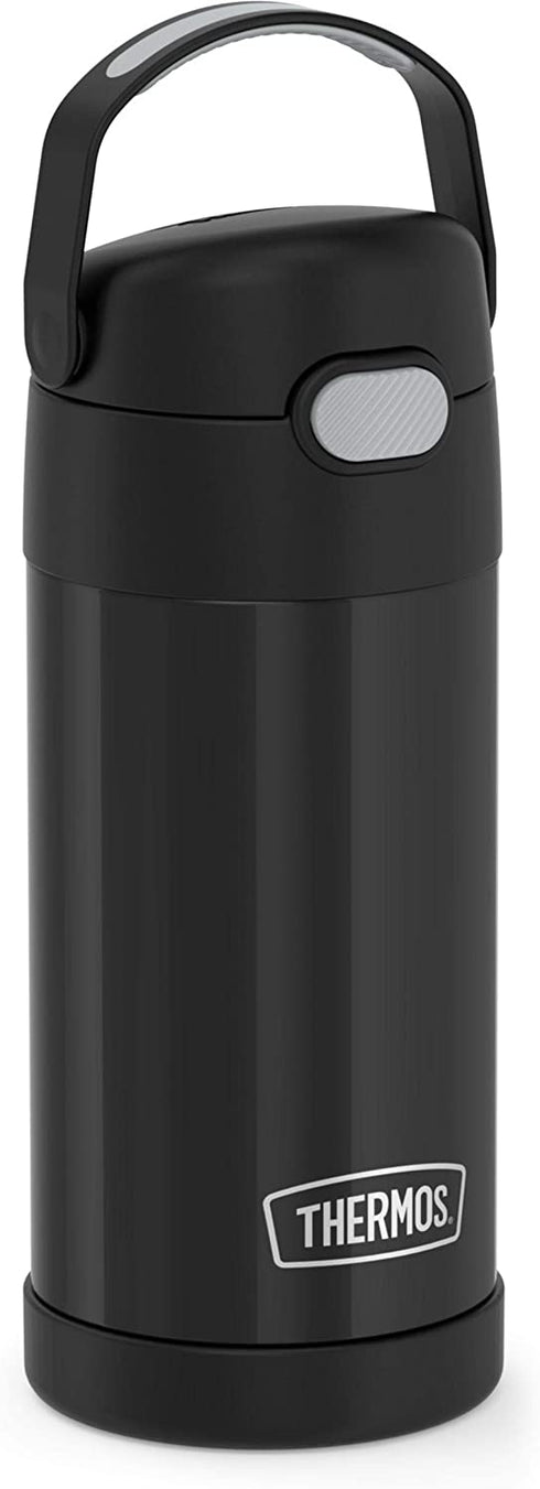 THERMOS FUNTAINER 12 Ounce Stainless Steel Vacuum Insulated Kids Straw Bottle, Black