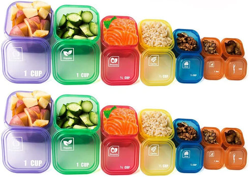 Koulang 21 Day Portion Control Container Kit - 14 Pieces BPA Free Food Portion Container Multi-Color Coded and Label-Engraved for Diet Plans, Lose Weight with eBook