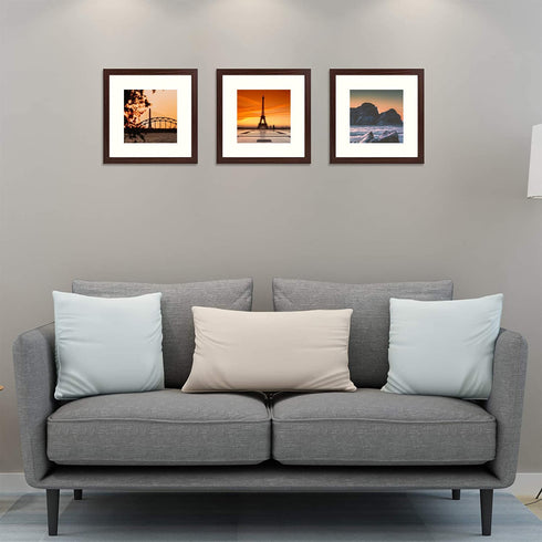 Frametory, 12x12 Picture Frame - Made to Display Pictures 8x8 Photo with Ivory Color Mat - Wide Molding - Built in Hanging Features - Preinstalled Wall Mounting Hardware (12x12, Walnut)
