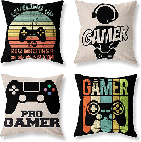 Mechanical Cattle Black Gaming Decorative Throw Pillow Covers Game Controller Linen Square Throw Pillow Cases for Couch Sofa Outdoor Playroom Bed Car Patio Boys Room Decor Pillow Covers 18x18 Set of 4