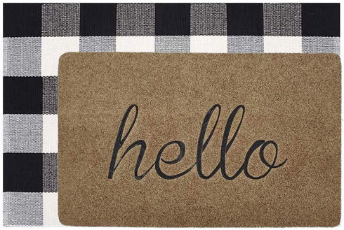 Welcome Doormat, Hello Mat Outdoor Rug + Buffalo Plaid Layered Rug, Entryway Indoor Outdoors Mats Hello Brown¦