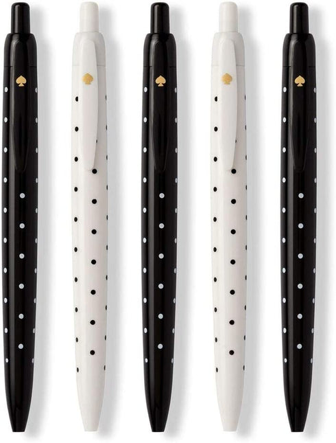 Kate Spade New York Black Ink Pen Set of 5, Polka Dot Retractable Pens, Cute Plastic Click Pens, Black Dots