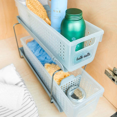 madesmart 2-Tier Organizer Bath Collection Slide-out Baskets with Handles, Space Saving, Multi-purpose Storage & BPA-Free, Mini, Frost-With Dividers