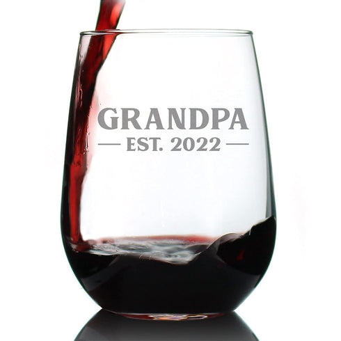 Grandpa Est 2022 - New Grandfather Stemless Wine Glass Gift for First Time Grandparents - Bold 17 Oz Large Glasses