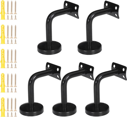 High-PQ Heavy Duty Staircase Handrail Bracket Black Stainless Steel Wall Mount, 5 Pack Shelf Brackets Set with Base Flange Solid Cast Iron for Stairs Handrails, Railing, Guardrails, Satin Finish