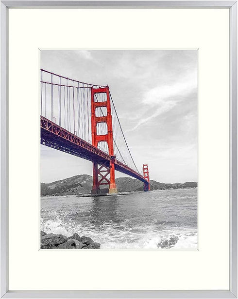 Frametory, 11x14 Aluminum Photo Frame with Ivory Color Mat for 8x10 Picture & Real Glass, Metal Picture Frame Collection (Silver, 1-Pack)