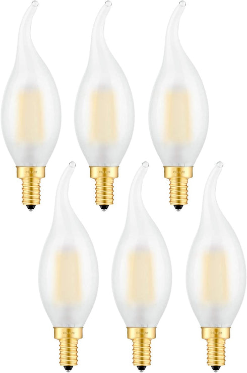 CRLight 2W LED Candelabra Bulb 3000K Soft White 25W Equivalent 250 Lumens, E12 Base Dimmable LED Chandelier Bulbs, Antique C35 Frosted Glass Candle Flame Shape Bent Tip, 6 Pack
