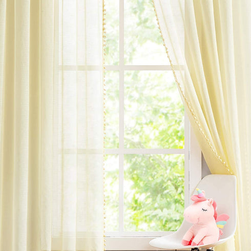 Pom Pom Yellow Sheer Curtains for Girl's Room 63" Linen Texture Voile Draperies for Bedroom 52" w 2 Pack