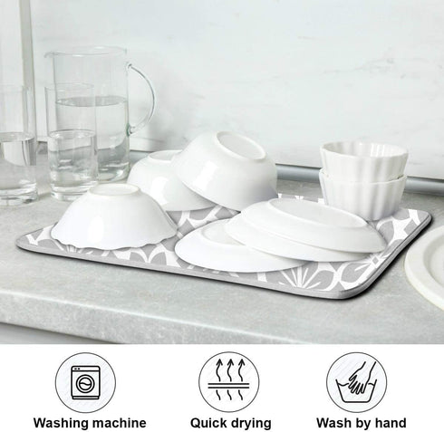 Grey and White Flowers Leaves Dish Drying Mat 18x24 for Kitchen Geometric Leaf Floral Pattern Gray Dishes Pad Dish Drainer Rack Mats Absorbent Fast Dry Kitchen Accessories
