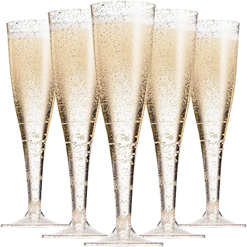 Plastic Champagne Glasses | 32 Pack | Gold Glitter Disposable Flutes in Bulk, Perfect for Parties, Wedding, Mimosa, Valentines Day, Brunch, and Bachelorette Party, Toasting Flutes