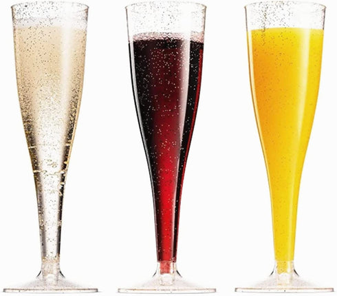 Plastic Champagne Glasses | 32 Pack | Gold Glitter Disposable Flutes in Bulk, Perfect for Parties, Wedding, Mimosa, Valentines Day, Brunch, and Bachelorette Party, Toasting Flutes
