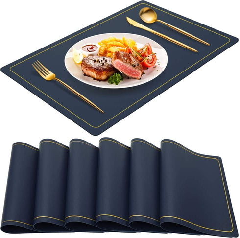 WEHVKEI Navy Blue Placemats for Dining Table Set of 6, Waterproof Wipeable PU Leather Place Mats Indoor, Washable Kitchen Table Mats for Easter Thanksgiving Christmas New Year Party Home Decor