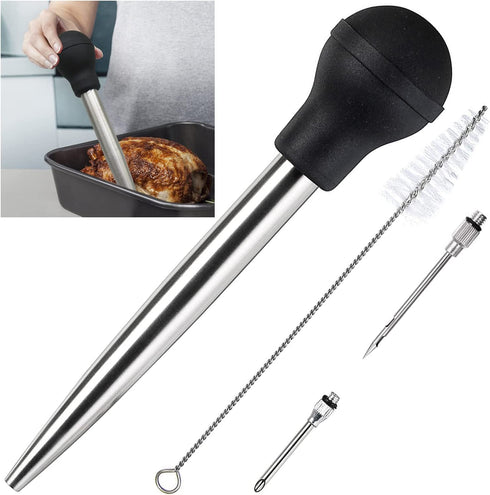 KAYCROWN Stainless Steel Turkey Baster Commercial Grade Quality Rubber Bulb Including 2 Marinade Injector Needles and Brush for Easy Clean Up