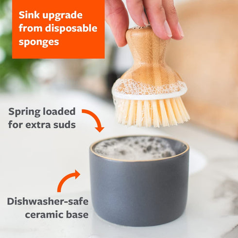 Full Circle Bubble Up Ceramic Soap Dispenser & Bamboo Dish Brush, White/Gray