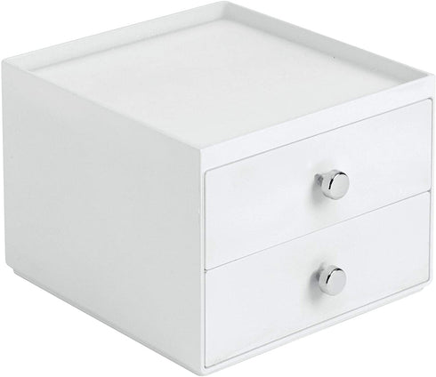 iDesign Plastic 2-Drawer Jewelry Box, Compact Storage Organization Drawers Set for Cosmetics, Dental Supplies, Hair Care, Bathroom, Office, Dorm, Desk, Countertop, 6.5" x 7" x 5" - White