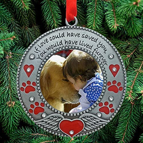 In Loving Memory Pet Ornament - Dog Memorial Christmas Photo Ornament - Furever in My Heart - Red Hearts with Angel Wings & Paw Prints - Cat Sympathy Gifts - Loss of a Pet - Gift/Storage Bag Included