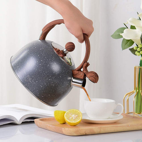 Tea Kettle - VONIKI 2.5 Quart Tea Kettles Stovetop Whistling Teapot Stainless Steel Tea Pots for Stove Top Whistle Tea Pot With Wood Pattern Anti-Hot Handle Teakettle Black
