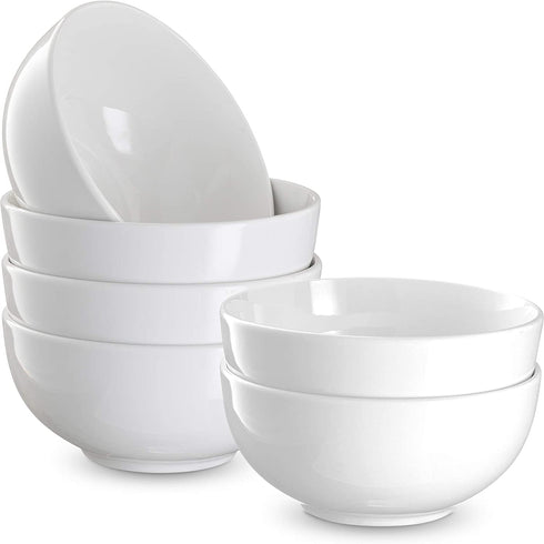Soup Bowls, by Kook, Ceramic Make, Holds 24 Oz, perfect for cereal, desserts, salads, oatmeal, Set of 6, White.