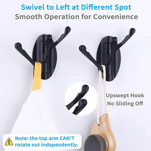 Towel Hook Matte Black 2 PCS, Angle Simple Metal Swivel Folding Robe Hook, Hand Towel Holder, Heavy Duty Clothes Hanger for Bathroom RV Wall Mount