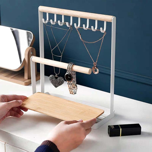 Jewelry Holder Stand, 3-Tier Necklace Hanging Wooden Ring Organizer Earring Tray, 8 Hooks Storage Necklaces, Bracelets, Rings and Watches on Desk Tabletop, White