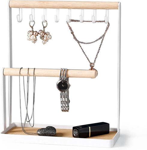Jewelry Holder Stand, 3-Tier Necklace Hanging Wooden Ring Organizer Earring Tray, 8 Hooks Storage Necklaces, Bracelets, Rings and Watches on Desk Tabletop, White