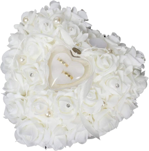 Wedding Ring Pillow, Romantic Lace Crystal Rose Wedding Heart Ring Box Pillow Cushion with Ribbon Pearl Wedding Ceremony for Wedding Supplies Gift