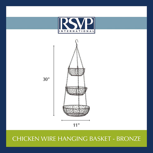 RSVP International Hanging Storage Collection 3-Tier Baskets, Bronze Chicken Wire