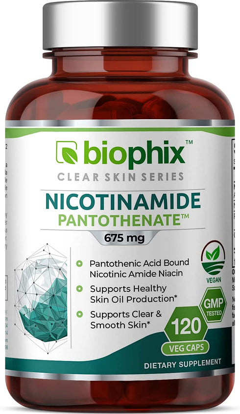 B-3 Nicotinamide Pantothenate 675 mg 120 Vcaps - Clear Skin Series B5 Pantothenic Acid Natural Flush-Free Nicotinic Amide Niacin - Supports Skin Cell Health