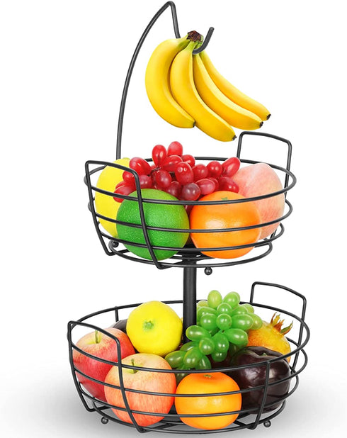 Bextsrack 2 Tier Fruit Basket Bowl with Banana Hanger for Kitchen Countertop, Portable & Detachable Fruit Vegetable Storage Holder Display for Kitchen - Black