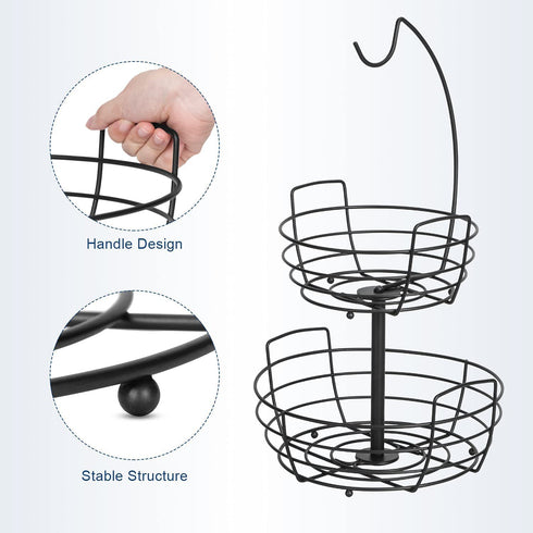 Bextsrack 2 Tier Fruit Basket Bowl with Banana Hanger for Kitchen Countertop, Portable & Detachable Fruit Vegetable Storage Holder Display for Kitchen - Black