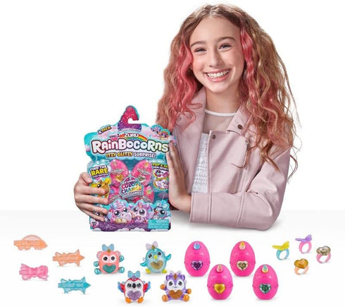 Rainbocorns Itzy Glitzy Surprise Series 2 (8 Pack) Pink Eggs by ZURU, Collectibles, Rings, Hair Clips, Pencil Toppers, Wings for Easter Basket Stuffers, Party Favors, Girls, and Kids