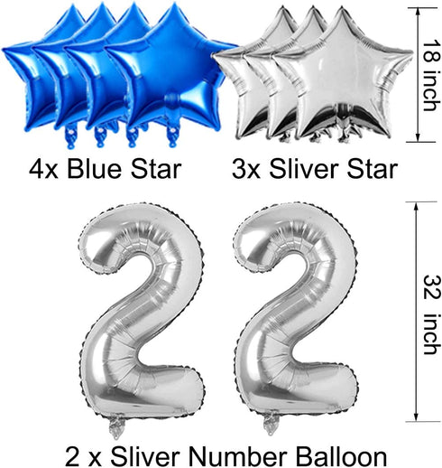 22nd Birthday Decorations for Men Women Boy Girl,Blue Black Birthday Party Supplies with 22 Silver Number Balloon Happy Birthday Banner for 22nd and 2nd Birthday Party