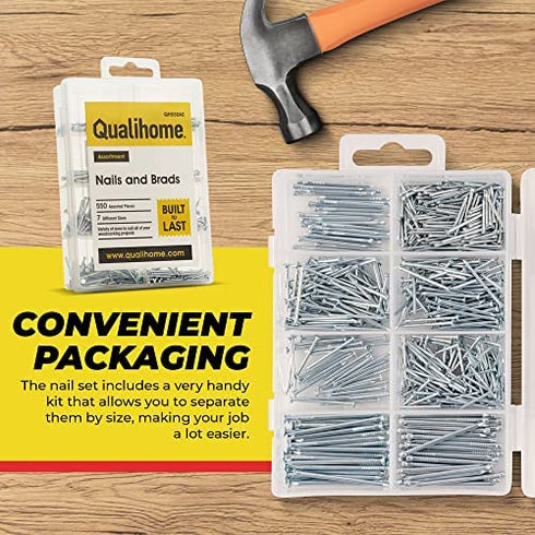 Qualihome Hardware Nail Assortment Kit, Includes Finish, Wire, Common, Brad and Picture Hanging Nails