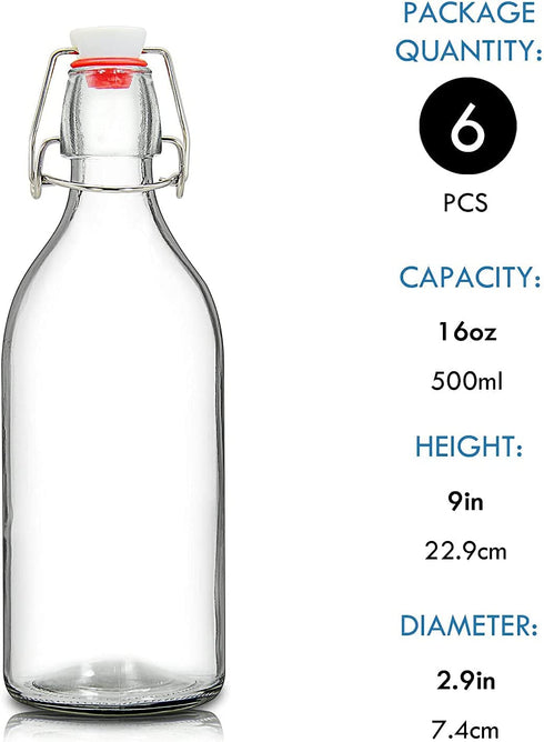 16oz Swing Top Bottles -Glass Beer Bottle with Airtight Rubber Seal Flip Caps for Home Brewing Kombucha,Beverages,Oil,Vinegar,Water,Soda,Kefir (6 Pack) (16 Oz- Set 6 (New))